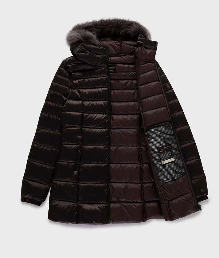RefrigiWear Piumino da donna con cappuccio e pelliccia Mead W98118 H01911 caffè nero