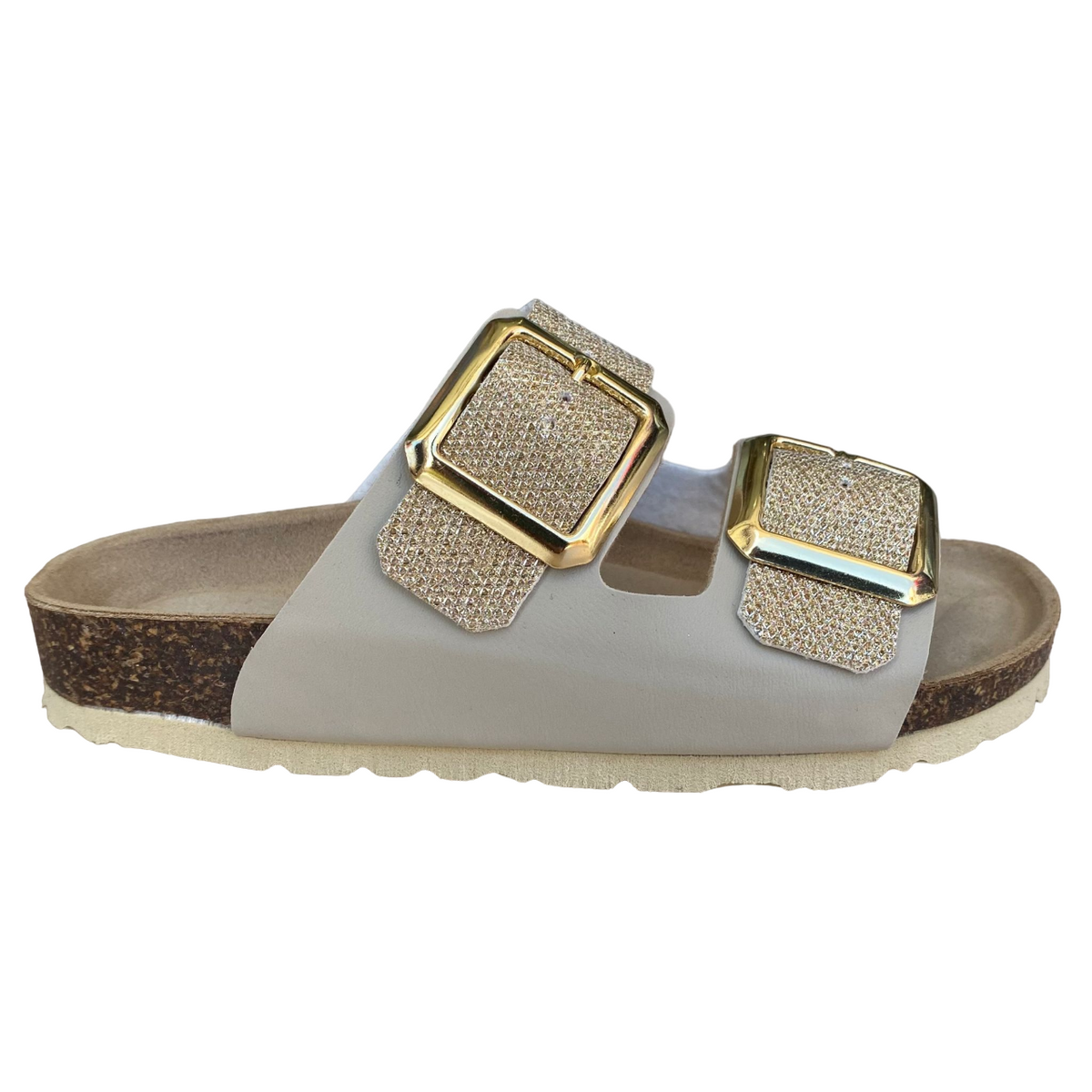 Biochic sandalo da donna con 2 fasce regolabili glitterate e plantare in pelle BC55215Yo oro