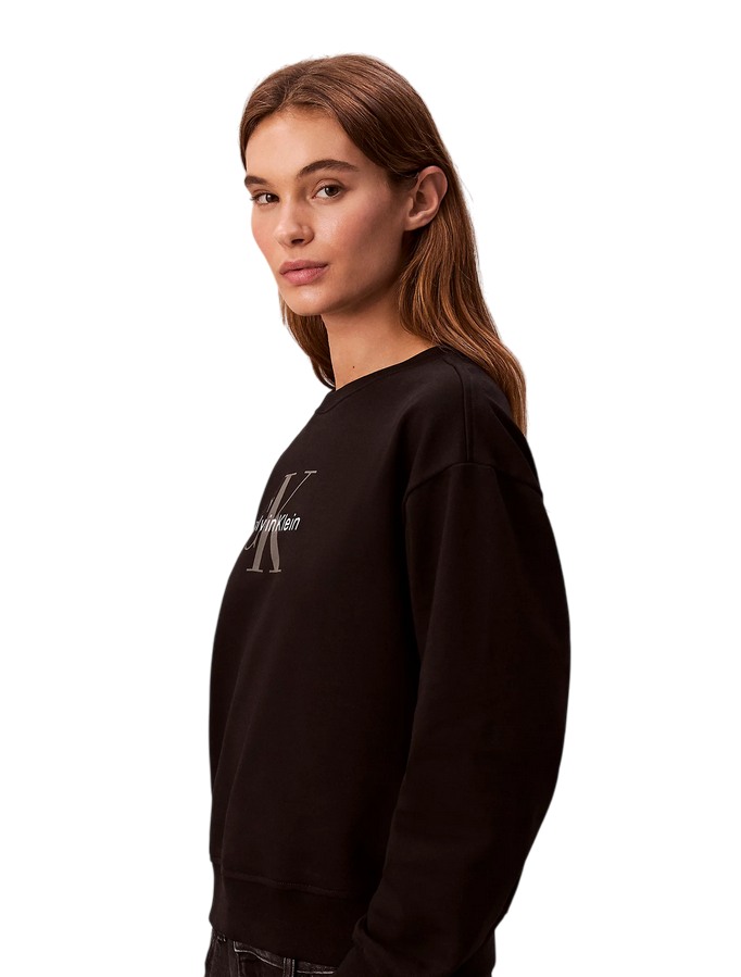 Calvin Klein Felpa Monologo LV047B234GUB1 Nero | Donna relaxed spugna cotone logo minimal - laterale 