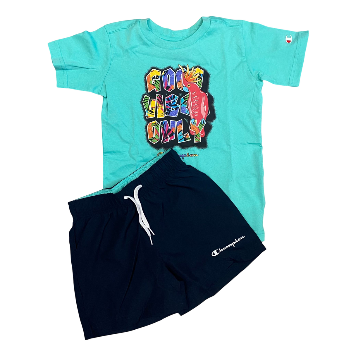 Champion completo da ragazzo maglietta manica corta e pantaloncino Boxer mare 306792 BS049 verde smeraldo-blu