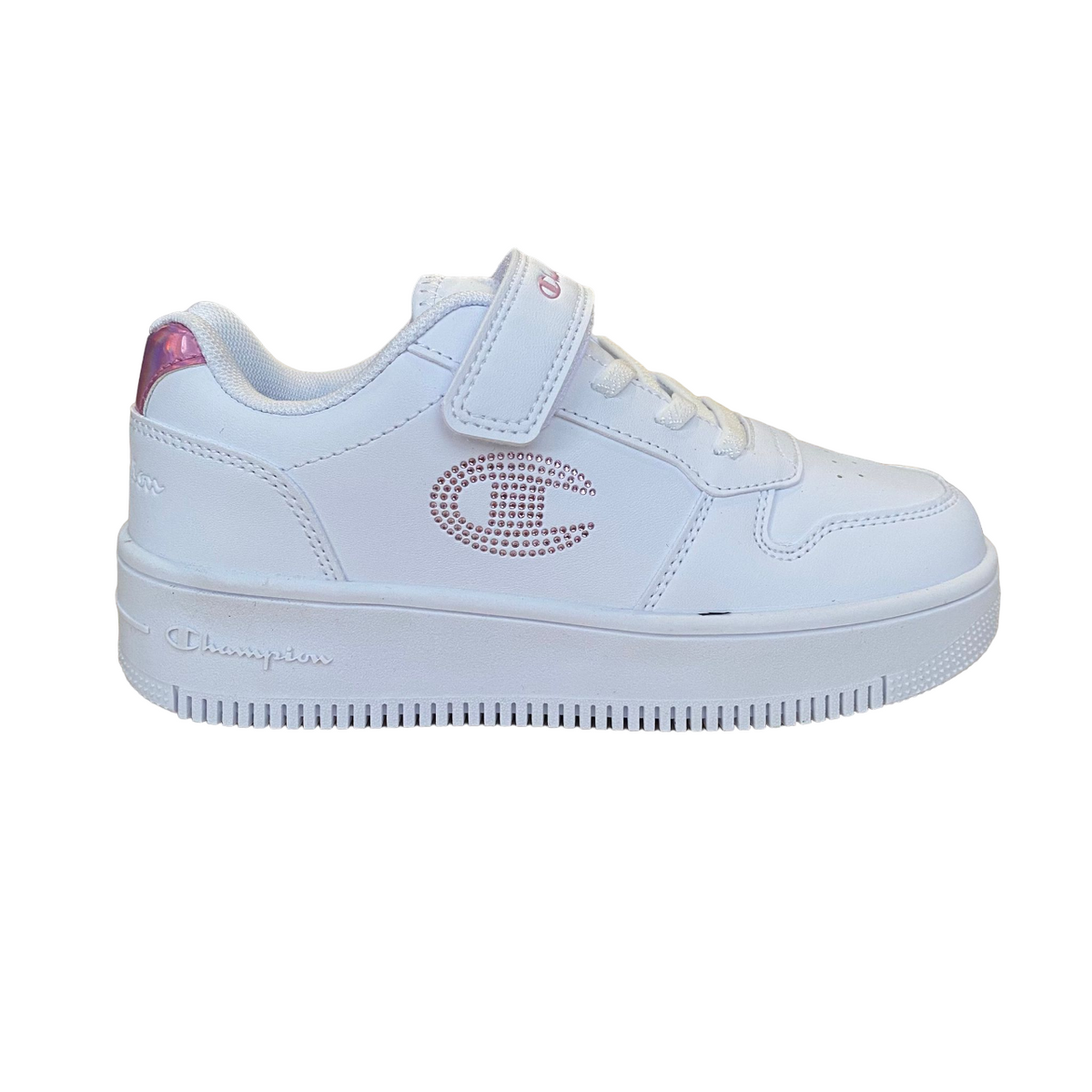 Champion scarpa sneakers da bambina con logo glitterato laccio elastico e velcro S32830-WW010  bianco-rosa