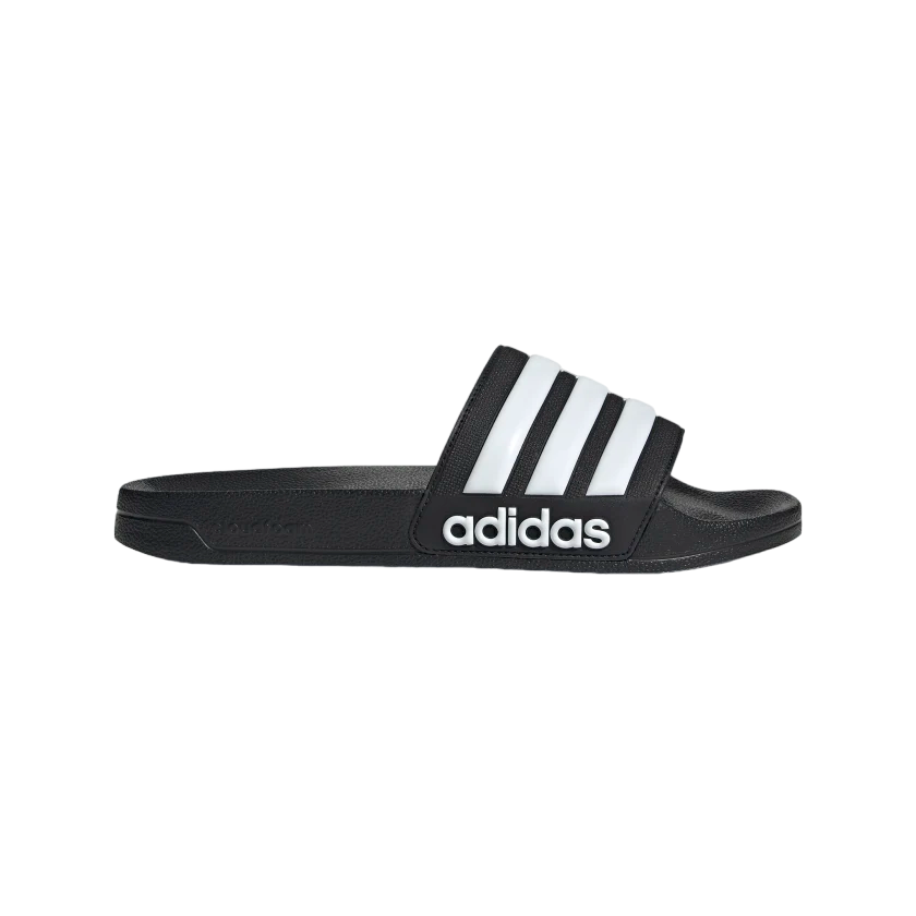 Ciabatte Adidas GZ5922 nere con strisce bianche, design unisex per mare e piscina