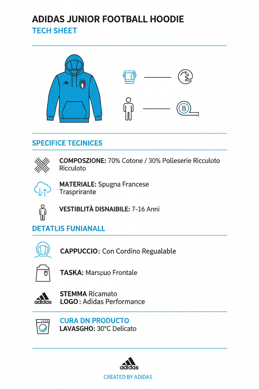 Infografica tecnica Adidas Italy DNA Hoodie JY9518 - Specifiche materiali composizione taglie lavaggio