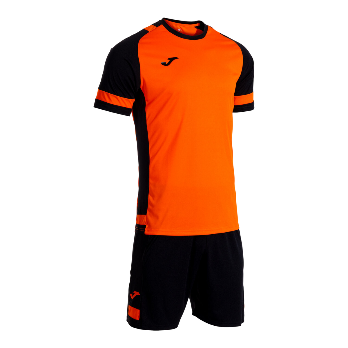 Completo sportivo Joma Lider Set uomo #104285.881 arancione/nero, t-shirt con collo rotondo e pantaloncino coordinato, pannelli in mesh traspirante