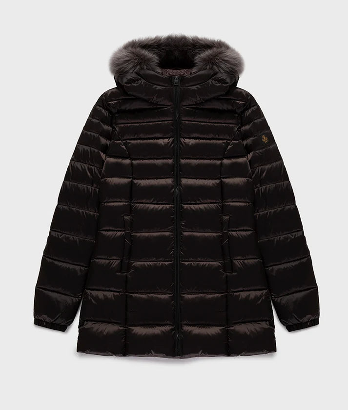 RefrigiWear Piumino da donna con cappuccio e pelliccia Mead W98118 H01911 caffè nero