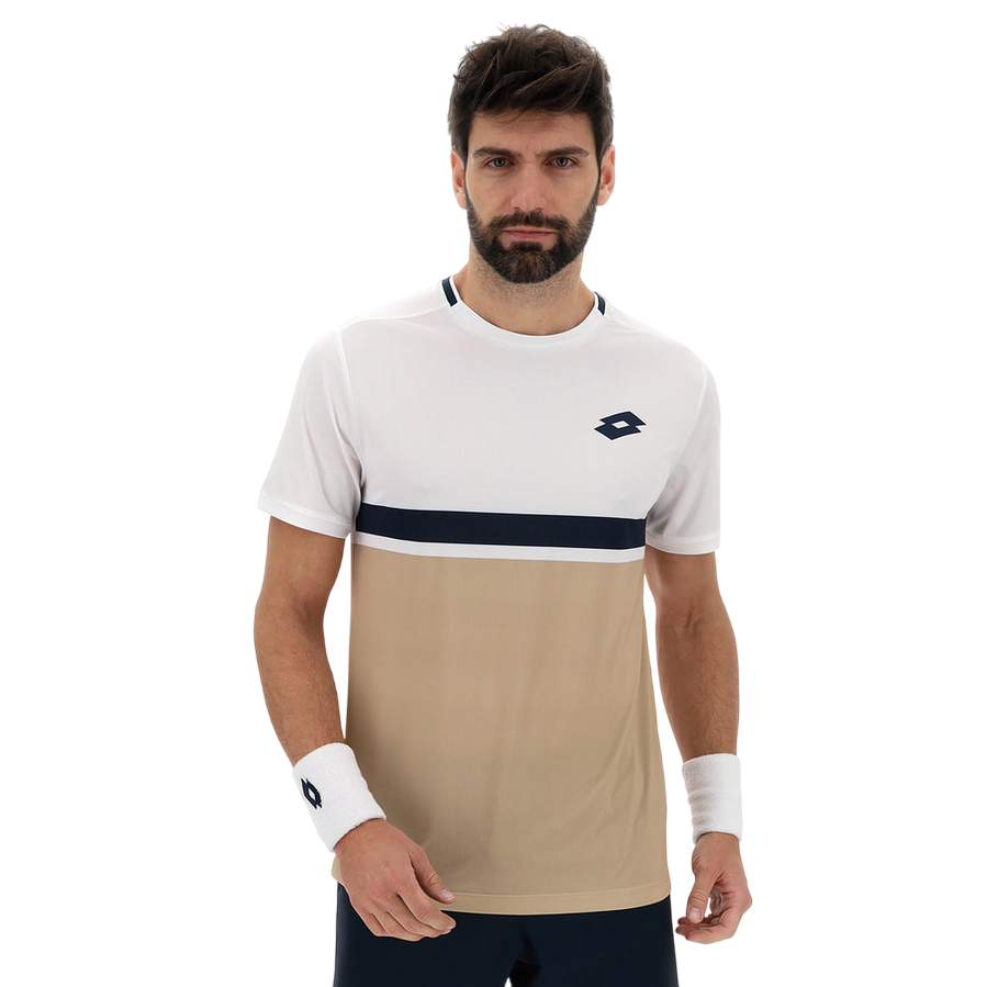 Lotto Maglietta Tennis Uomo TECH V 222845 9SP Bianco-Beige – tecnica, traspirante, comfort, stile sportivo