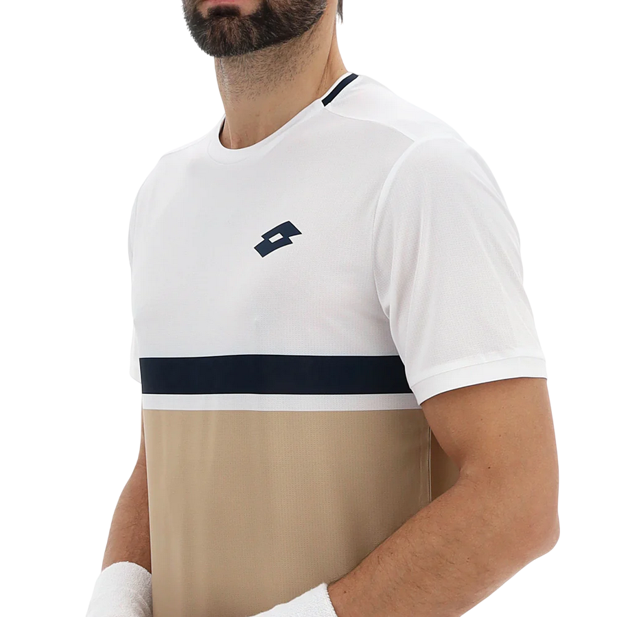 Lotto Maglietta Tennis Uomo TECH V 222845 9SP Bianco-Beige – tecnica, traspirante, comfort, stile sportivo - LOGO