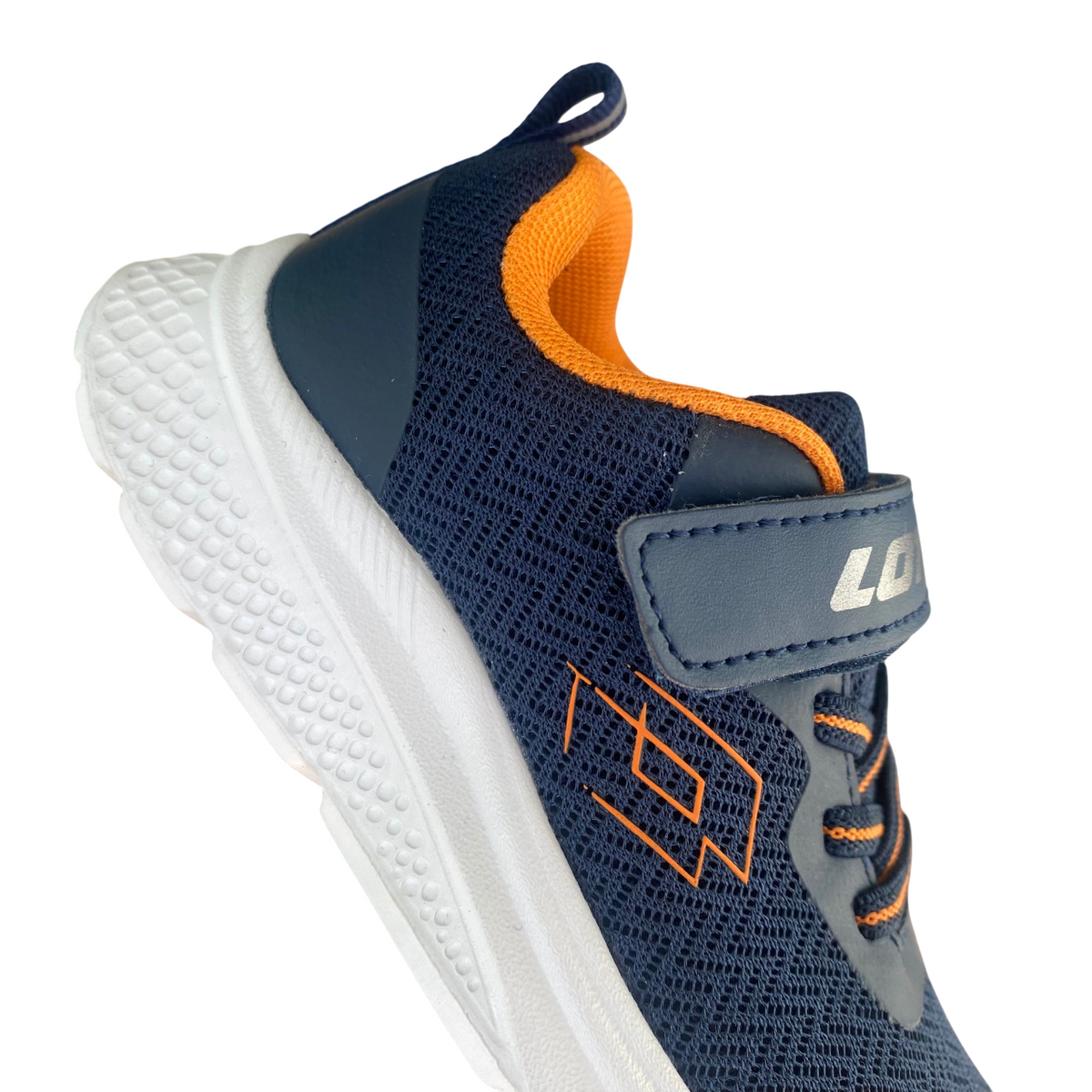 Vista posteriore delle scarpe Lotto Junior Rider blu con supporto tallone ottimale e morbidezza immediata per giovani sportivi