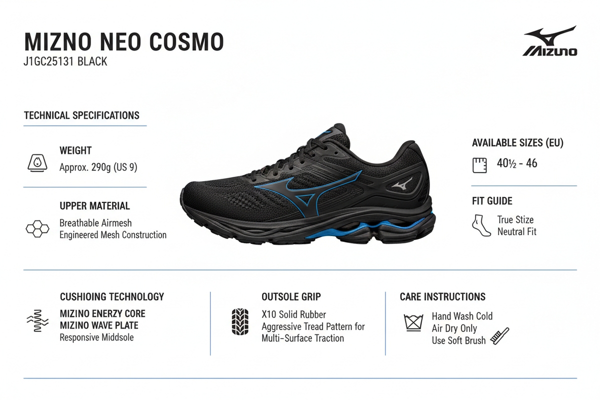 Infografica tecnica Mizuno Neo Cosmo J1GC251331: specifiche peso, materiali tomaia mesh, tecnologia ammortizzazione, grip suola gomma, taglie disponibili 40½-46, guida vestibilità