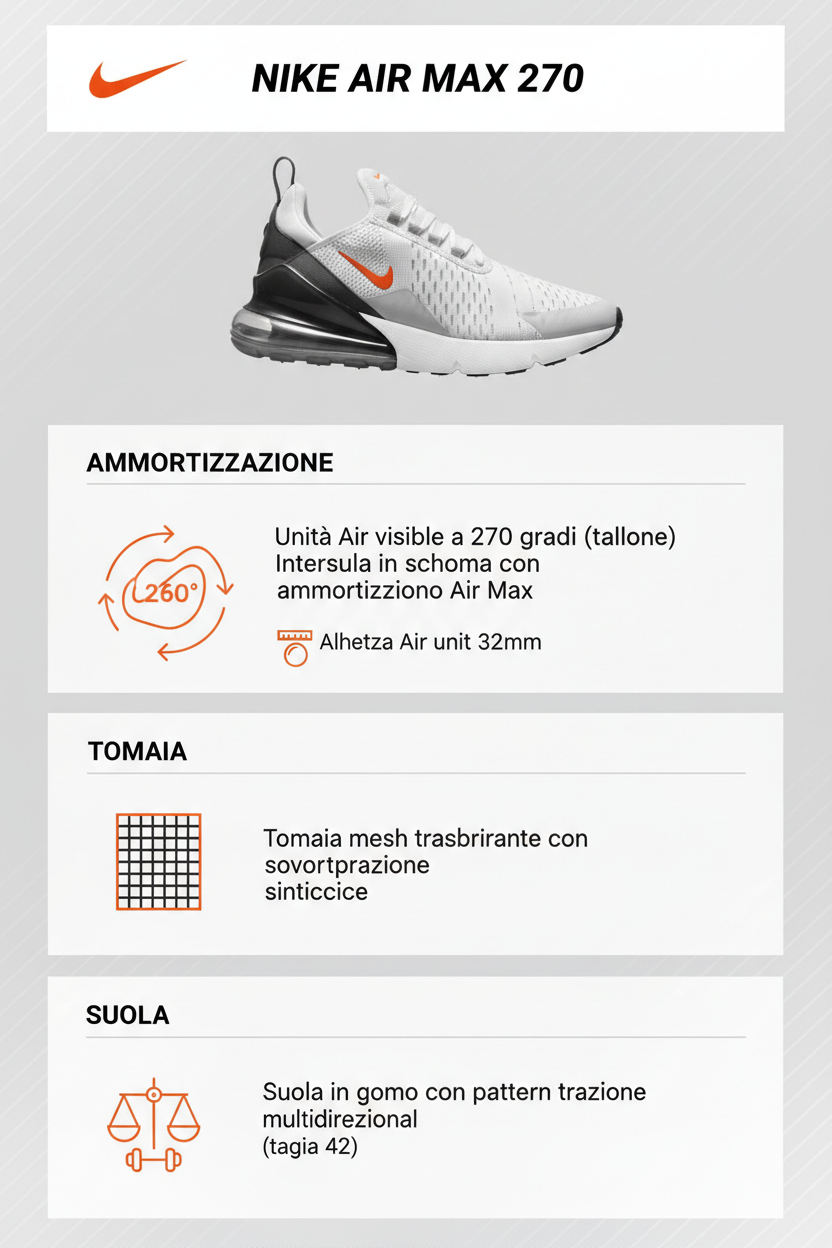Infografica tecnica Nike Air Max 270: unità Air visibile 270°, tomaia mesh traspirante, intersuola ammortizzata, specifiche tecniche