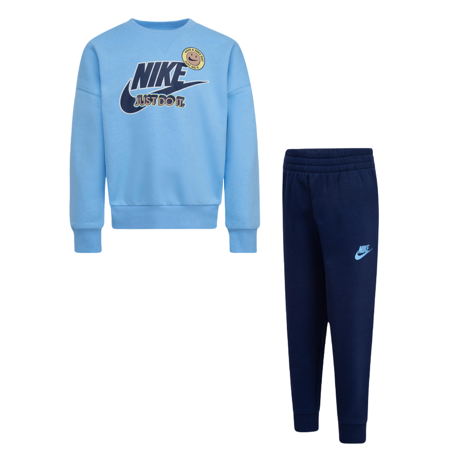 Nike tuta felpa girocollo e pantalone da ragazzo Sense of Adventure 86L947-U90 celeste-blu