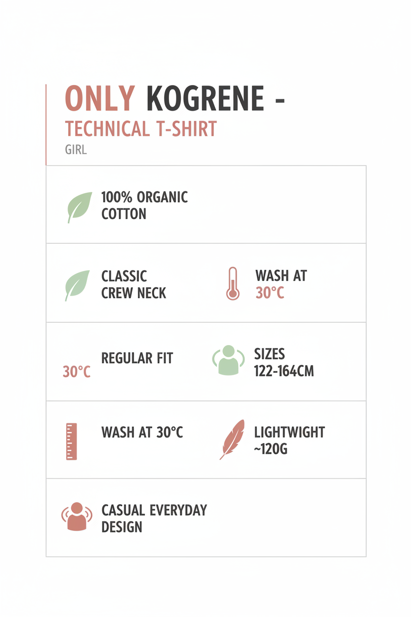 Infografica tecnica Only Kogrene: 100% cotone, girocollo, taglie 122-164cm, lavaggio 30°C, peso 120g