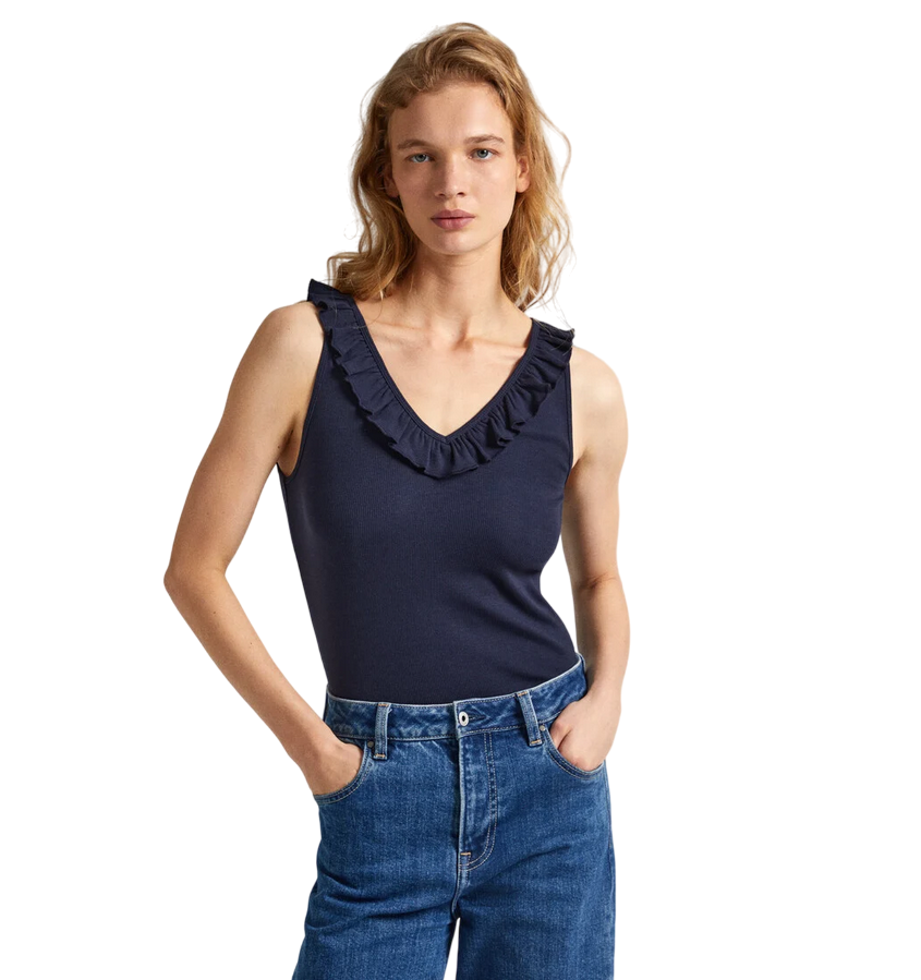 Pepe Jeans maglietta canotta con scollo a V a costine Leire PL505851 594 blu