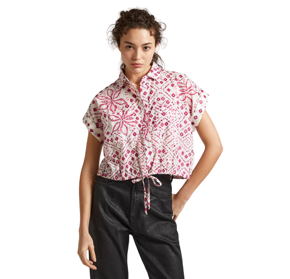 Pepe Jeans camicia manica corta da donna con stampa geometrica Dulce PL304820 808 bianco