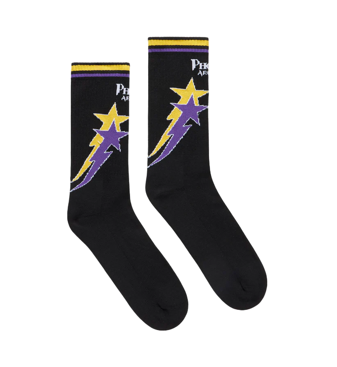 Phobia calza nera da adulti con fulmini stellati jacquard gialli e viola PHA00689 taglia unica