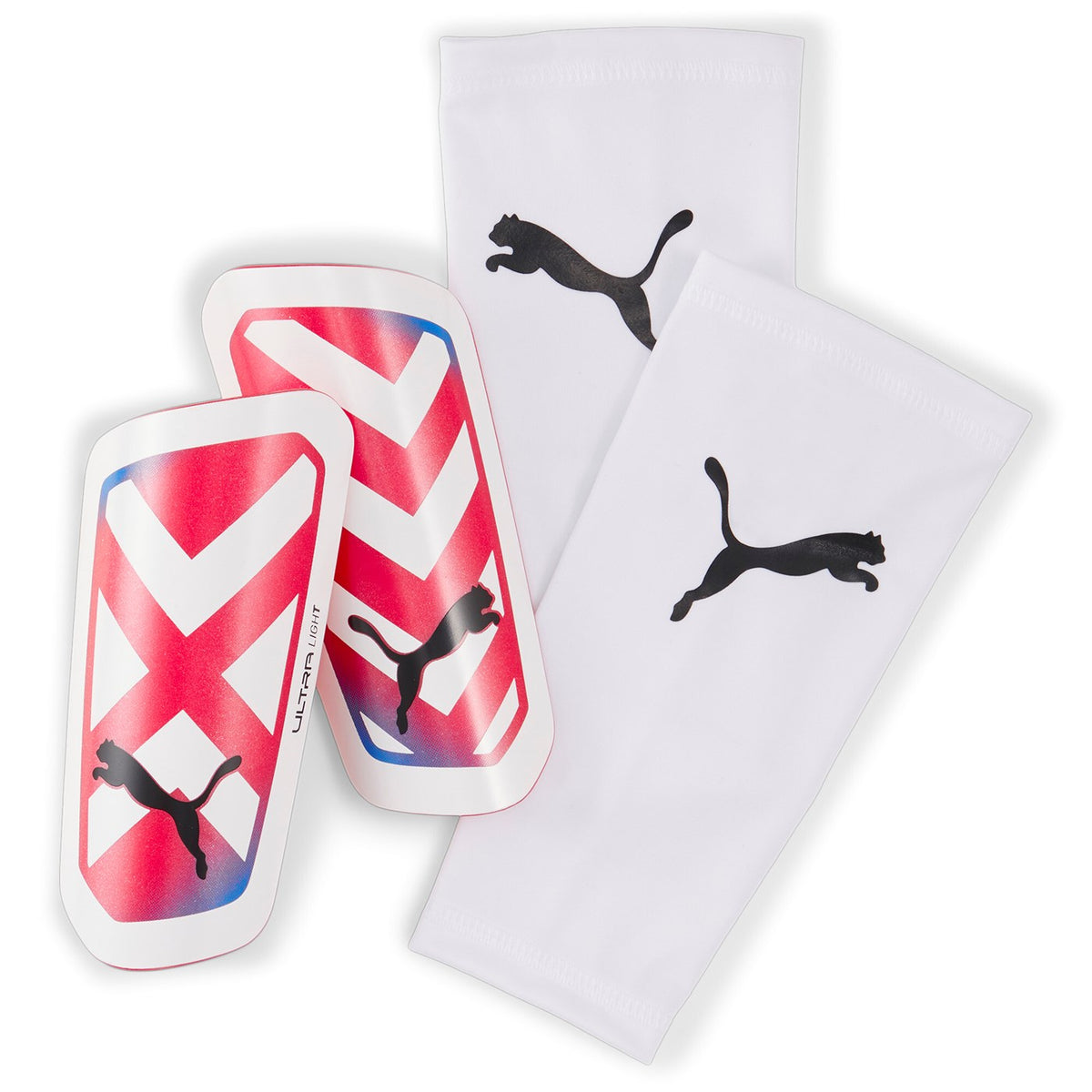 Parastinco da calcio Puma Ultra 030873-05 bianco con gambale integrato, protezione professionale per calciatori