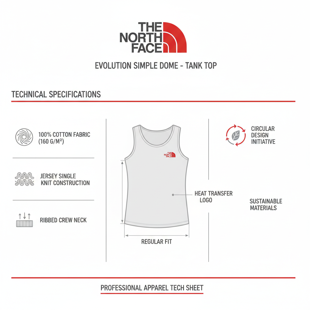 Infografica tecnica The North Face Evolution: 100% cotone 160g/m², collo coste, jersey singolo, fit regolare, Circular Design