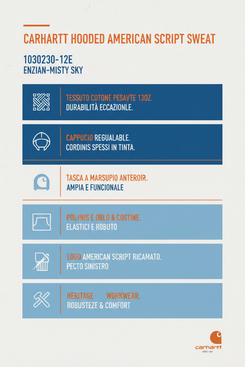 Infografica tecnica Carhartt Hooded American Script 1030230-12E - Cotone 13oz, cappuccio regolabile, tasca marsupio, heritage workwear