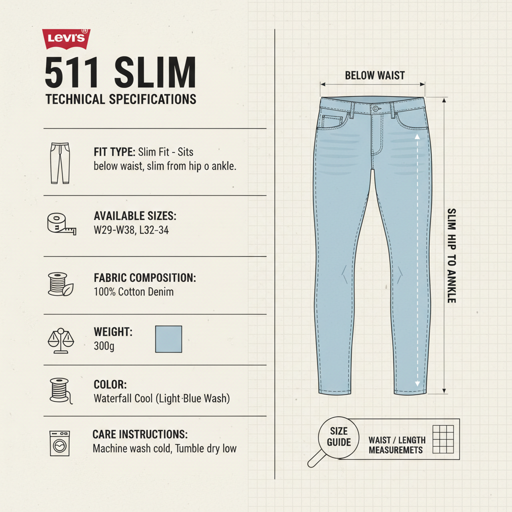 Infografica tecnica Levi's 511 Slim - vestibilità slim fit, taglie disponibili, composizione denim, guida misure