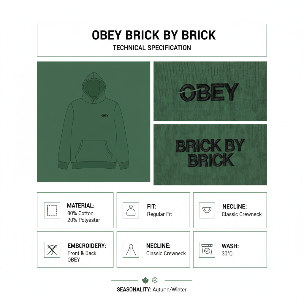 Infografica tecnica Obey Felpa Brick by Brick 112480103 - Caratteristiche materiali vestibilità lavaggio