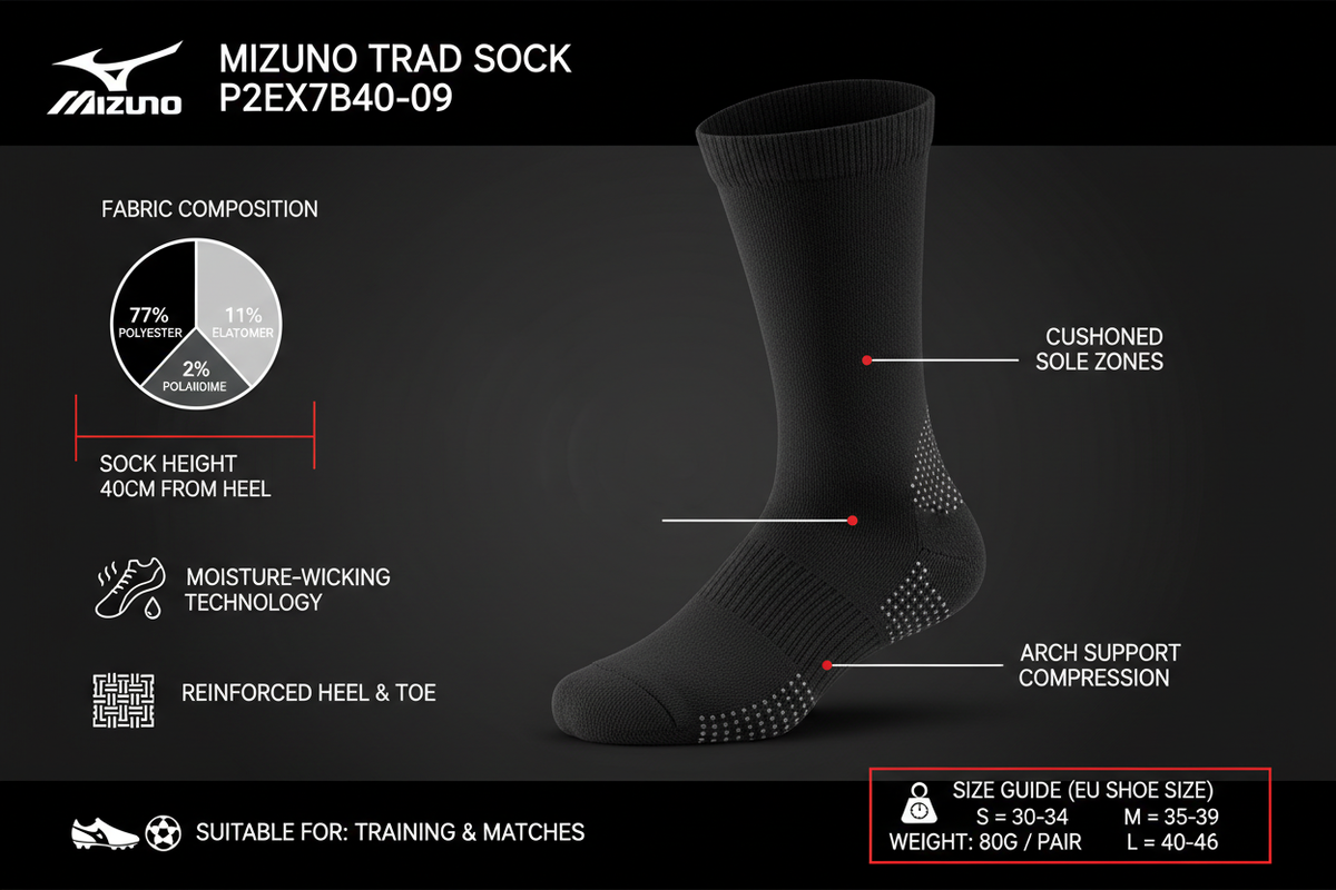 Infografica tecnica Mizuno Trad Sock P2EX7B40-09 calza calcio nera: polyester 77%, supporto arco, 40cm altezza, taglie S-M-L