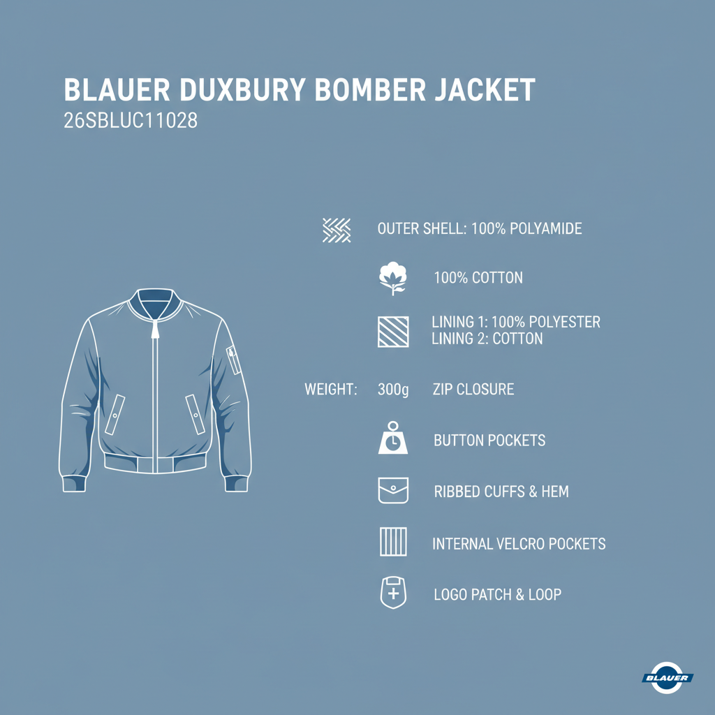 Infografica tecnica Blauer bomber Duxbury 26SBLUC11028: poliammide 100%, peso 300g, zip, tasche bottoni, costina polsini, regular fit