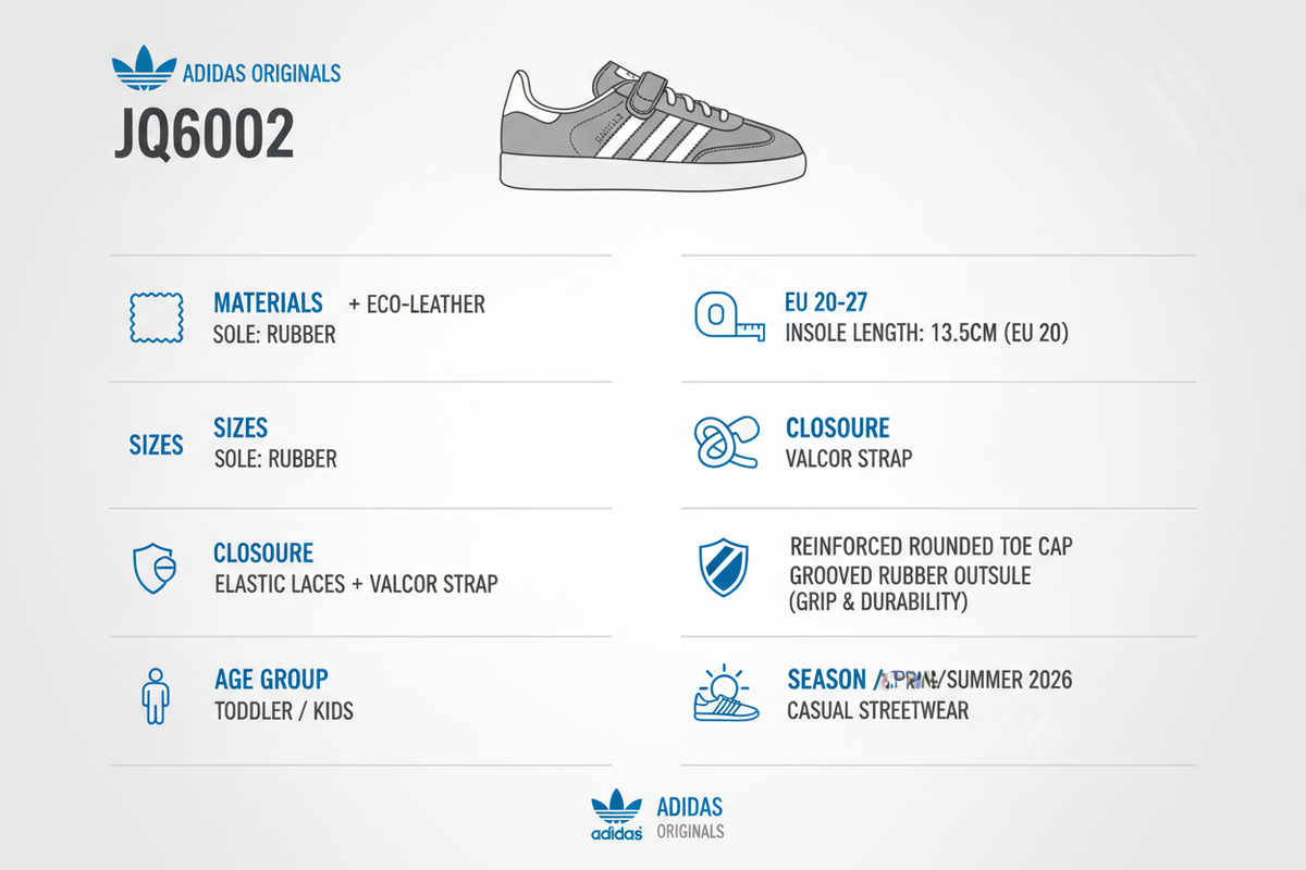 Infografica tecnica Adidas Gazelle JQ6002 bambini: materiali camoscio grigio ecopelle bianca, taglie 20-27, chiusura lacci elastici velcro, suola gomma antiscivolo, peso 100g
