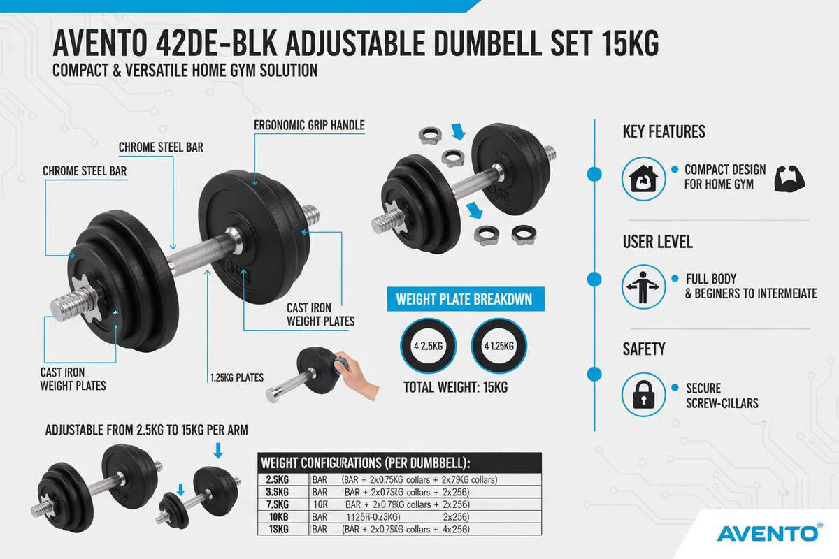 Infografica tecnica Avento 42DE-BLK manubrio regolabile 15kg: acciaio cromato, dischi ghisa, 2.5-15kg, home gym