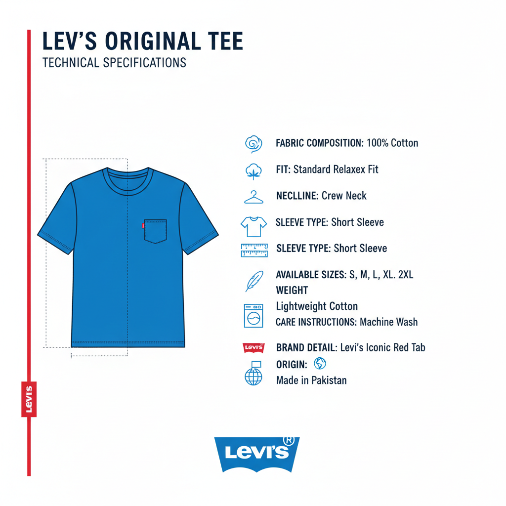 Infografica tecnica Levi's Original Tee blu - 100% cotone, vestibilità standard relaxed, girocollo, taglie disponibili