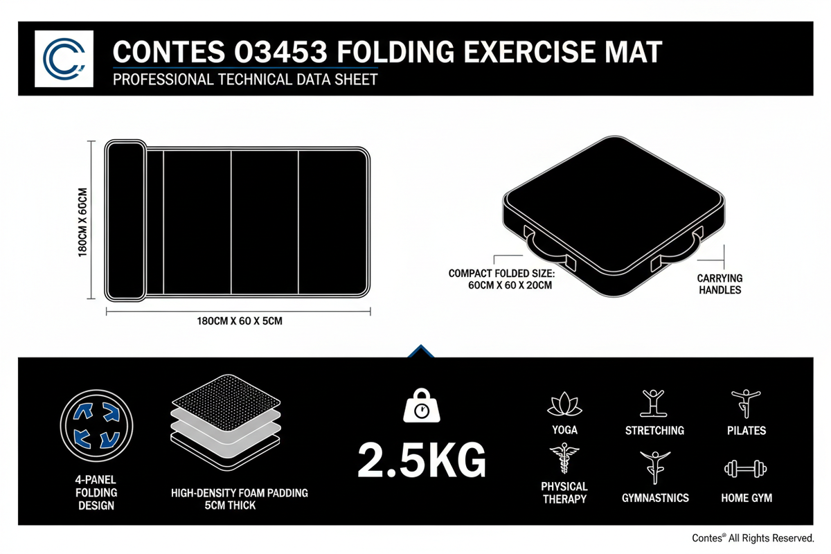 Infografica tecnica Contes 03453 tappetino pieghevole nero-argento: 5cm imbottito, 4 pannelli, maniglie, 180x60cm