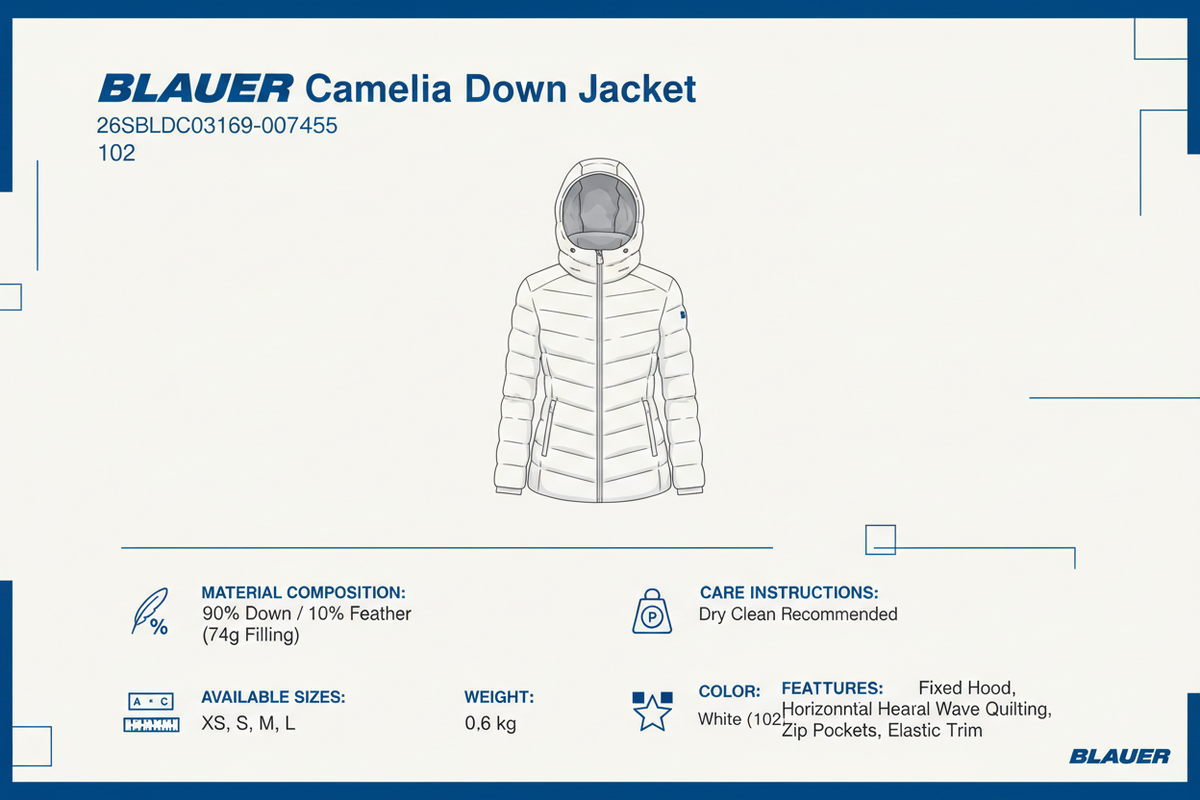 Infografica tecnica Piumino Blauer Camelia 26SBLDC03169-007455 donna bianco: piuma 90/10 74g, taglie XS-L, peso 0.6kg, cappuccio fisso, taglio svasato