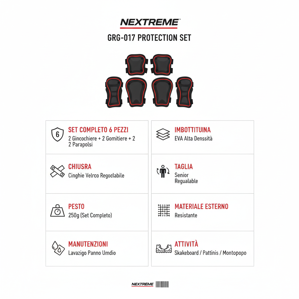 Infografica tecnica Nextreme Set Protezioni GRG-017 - Caratteristiche set completo imbottitura EVA cinghie regolabili taglia