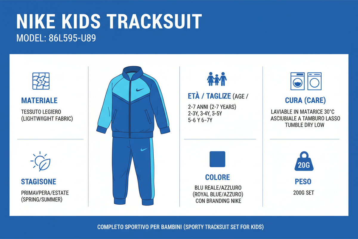 Infografica tecnica Nike Tuta Bambino 86L595-U89: materiali, taglie, cura, peso