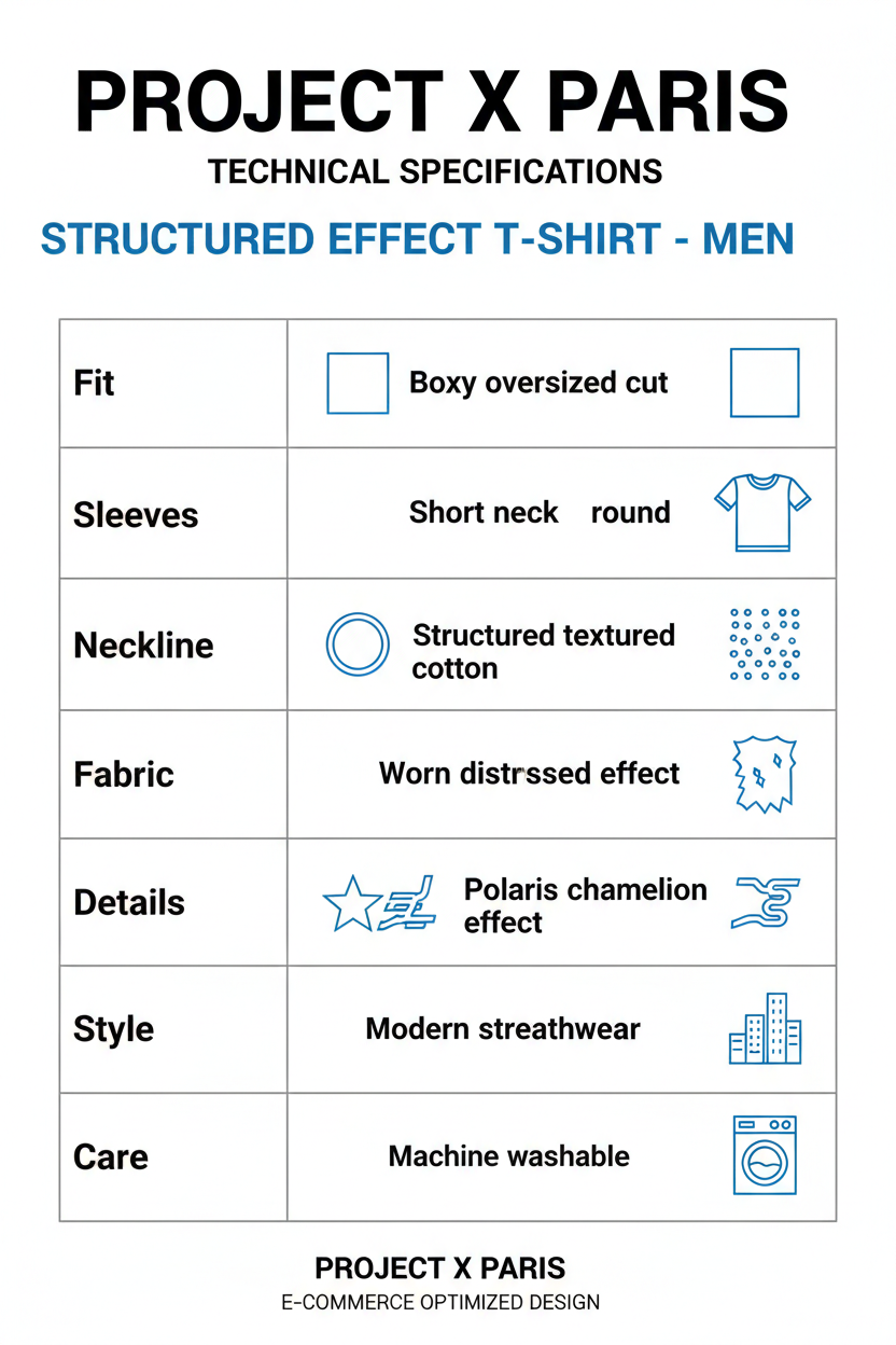 Infografica tecnica Project X Paris t-shirt uomo: taglio boxy oversize, tessuto strutturato cotone, effetto consumato, stampa Polaris camaleonte, collo rotondo, streetwear moderno