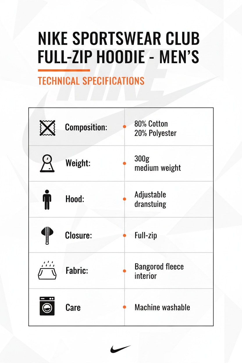 Infografica tecnica Nike Sportswear Club felpa uomo: 80% cotone 20% poliestere, peso 300g, vestibilità regular, zip integrale, cappuccio regolabile, pile spazzolato