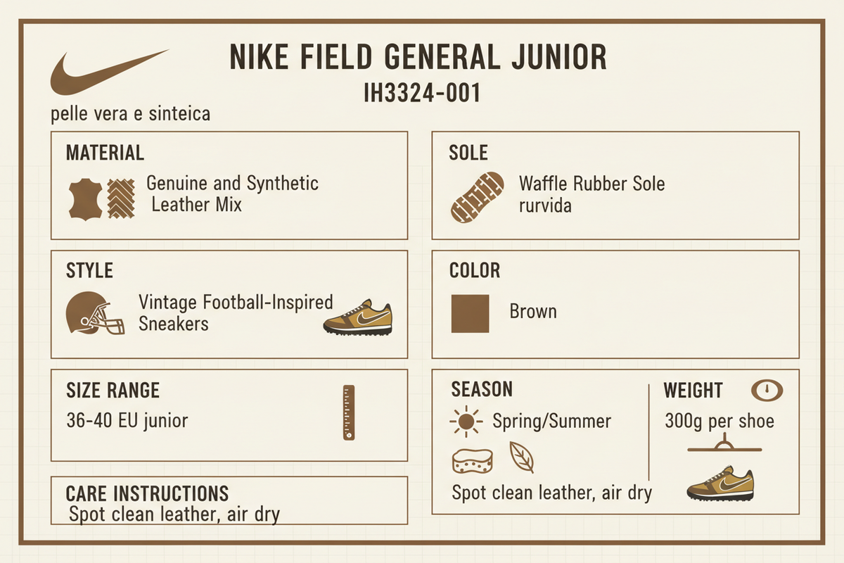Infografica tecnica Nike Field General IH3324-001: materiali, suola Waffle, taglie