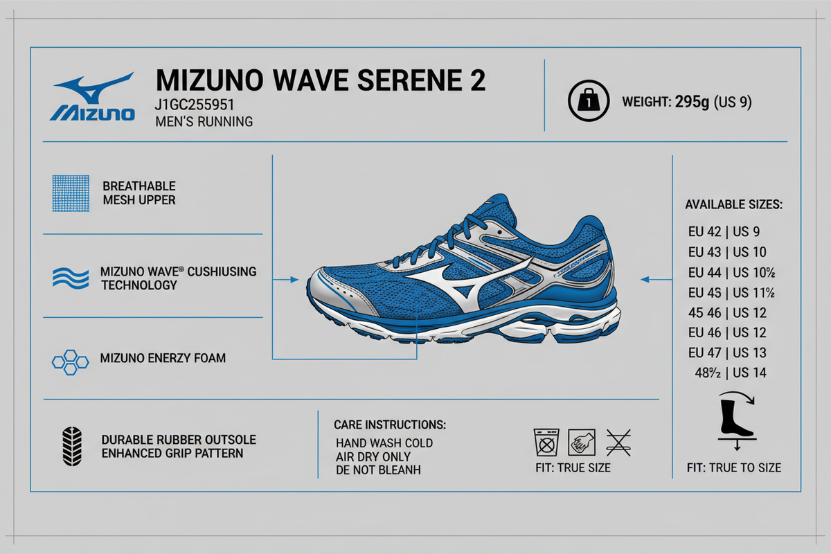 Infografica tecnica Mizuno Wave Serene 2 J1GC255951: tecnologia Wave + Enerzy foam, peso 295g, drop 10mm, tomaia mesh premium, suola gomma durata, taglie 42-48½, durata 600-800km, ritmi 5'00-6'30