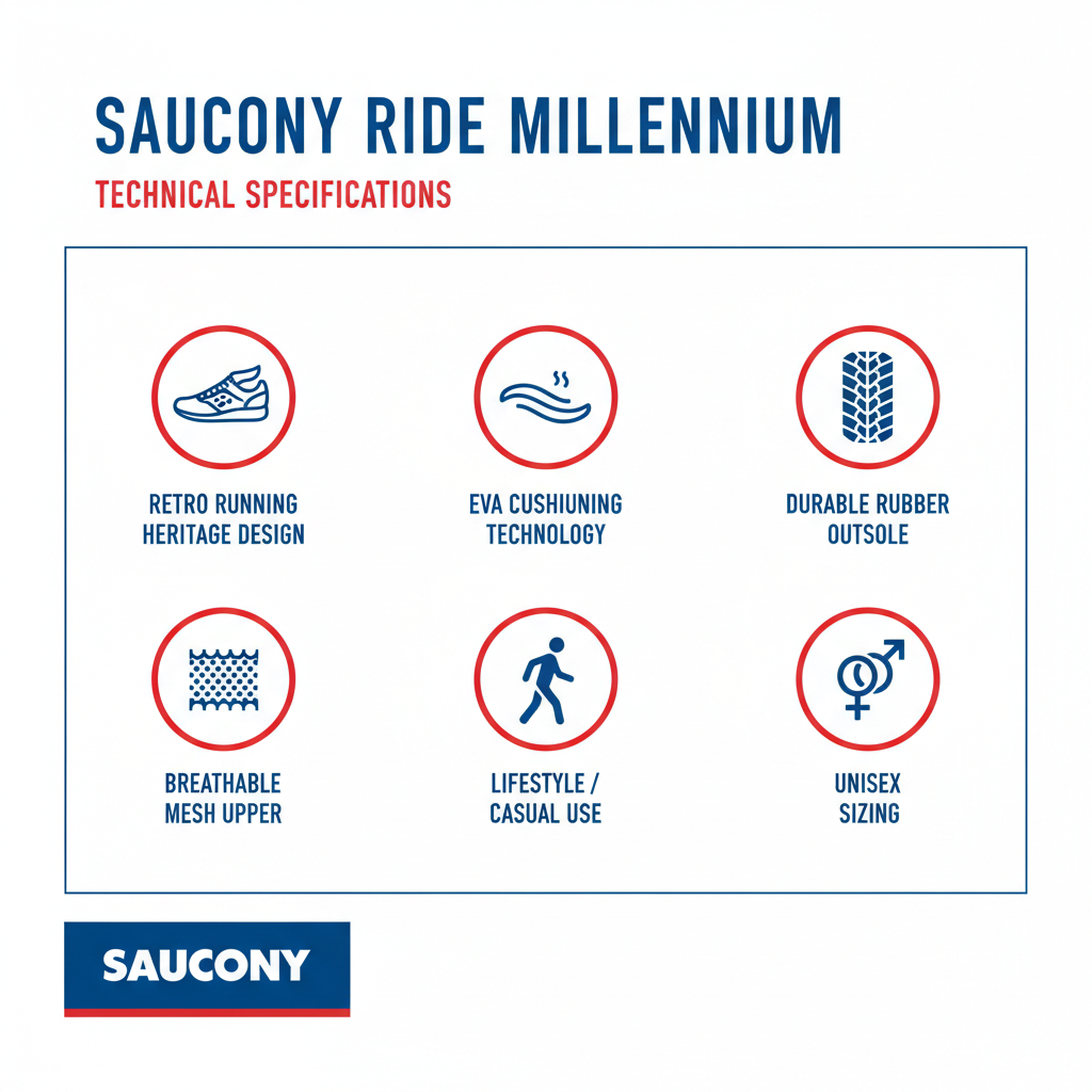 Infografica tecnica Saucony Ride Millennium: heritage running, EVA cushioning, design retro lifestyle