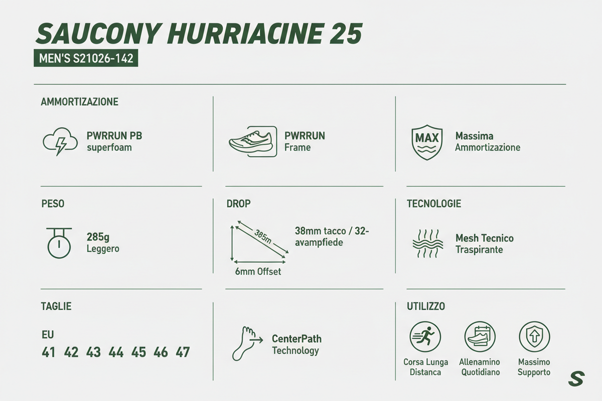 Infografica tecnica Saucony Hurricane 25 running uomo - ammortizzazione PWRRUN PB peso drop tecnologie