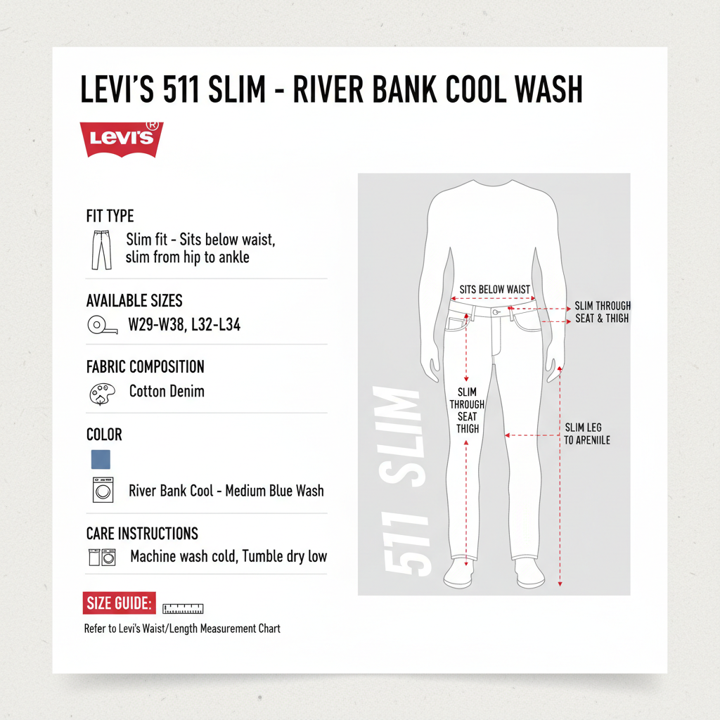 Infografica tecnica Levi's 511 Slim River Bank Cool - vestibilità slim fit, taglie disponibili, composizione denim, guida misure