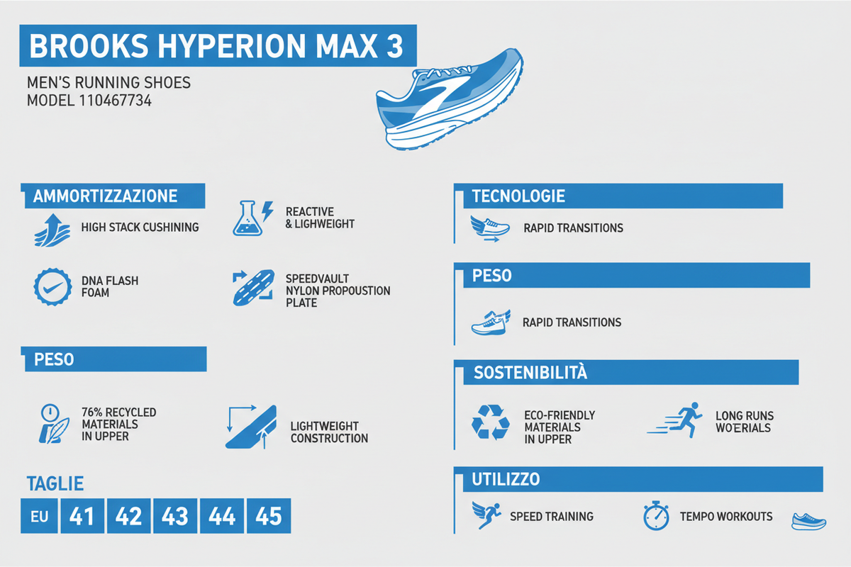 Infografica tecnica Brooks Hyperion Max 3 running velocità uomo - DNA FLASH SpeedVault drop sostenibilità