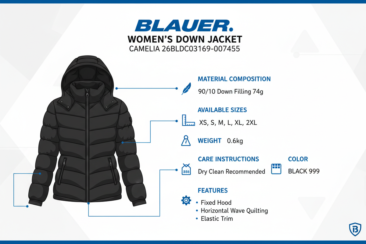 Infografica tecnica Piumino Blauer Camelia 26SBLDC03169-007455 donna: piuma 90/10 74g, taglie XS-2XL, peso 0.6kg, cappuccio fisso, taglio svasato, nero