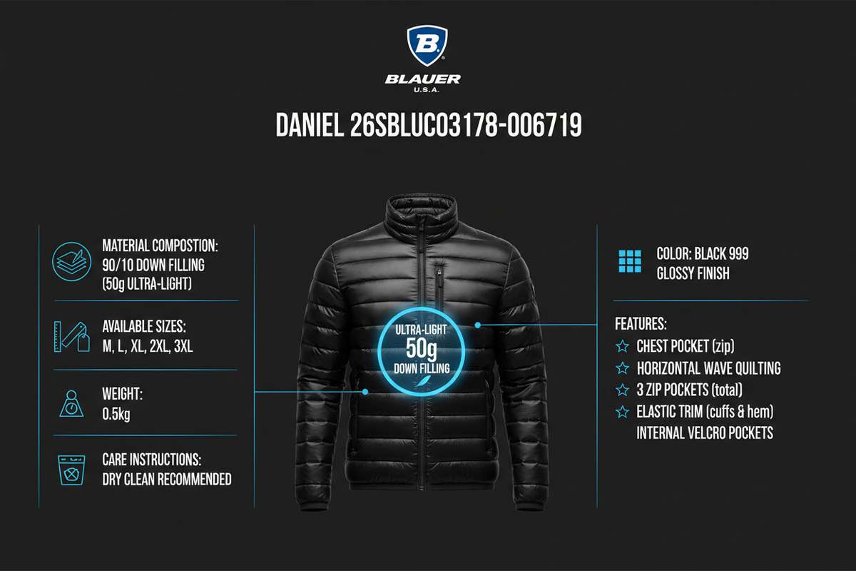 Infografica tecnica Piumino Blauer Daniel 26SBLUC03178-006719 uomo nero: piuma 90/10 ultra-leggera 50g, taglie M-3XL, peso 0.5kg, tasca petto, finitura lucida, comprimibile