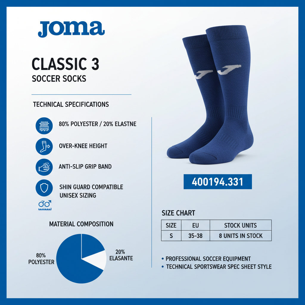 Infografica tecnica Joma Classic 3 400194.331 calze calcio blu unisex - specifiche 80% poliestere 20% elastan fascia anti-scivolo altezza sopra ginocchio