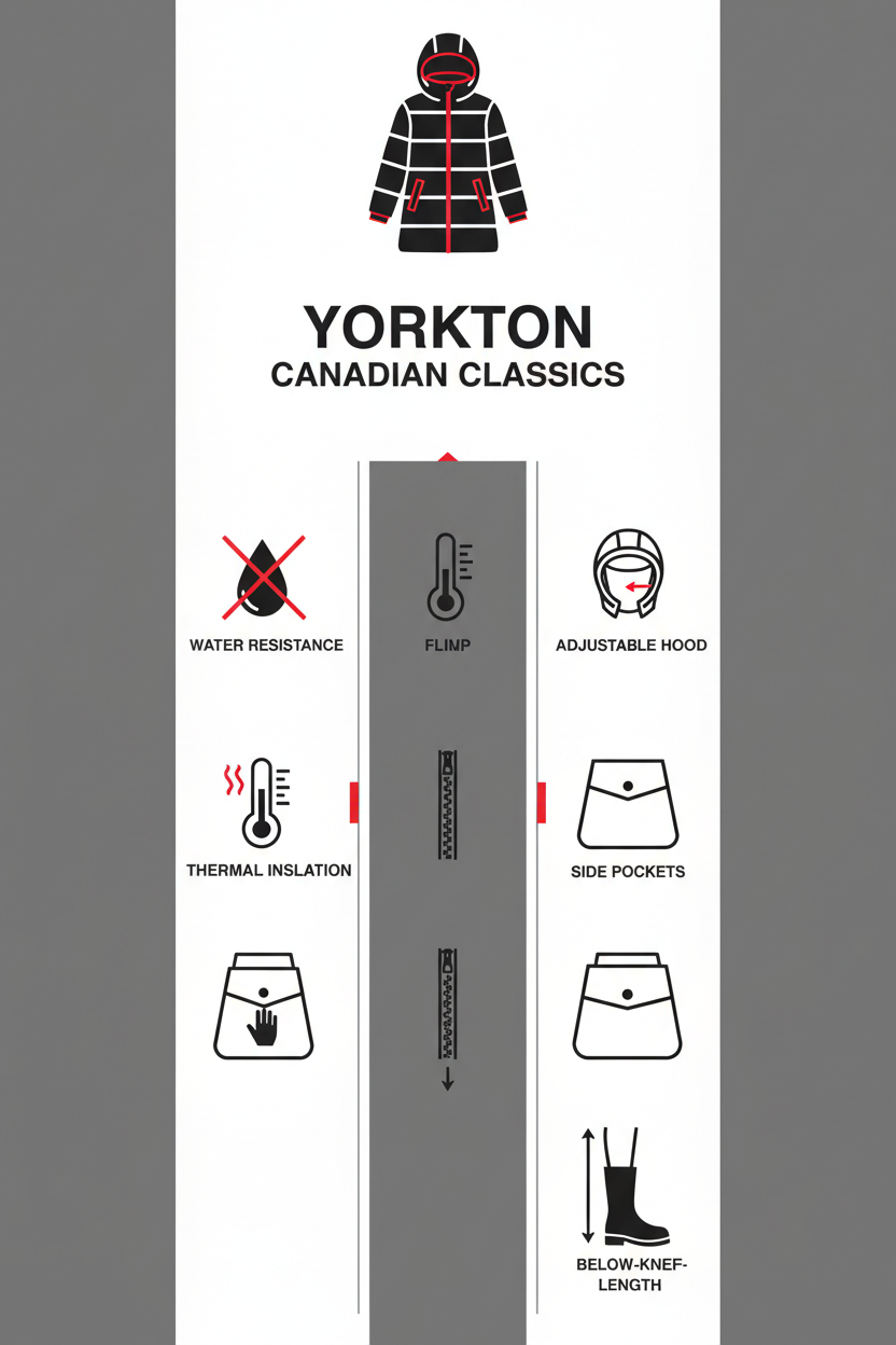 Infografica tecnica parka Canadian Classics Yorkton: caratteristiche impermeabilità, isolamento termico, cappuccio, lunghezza