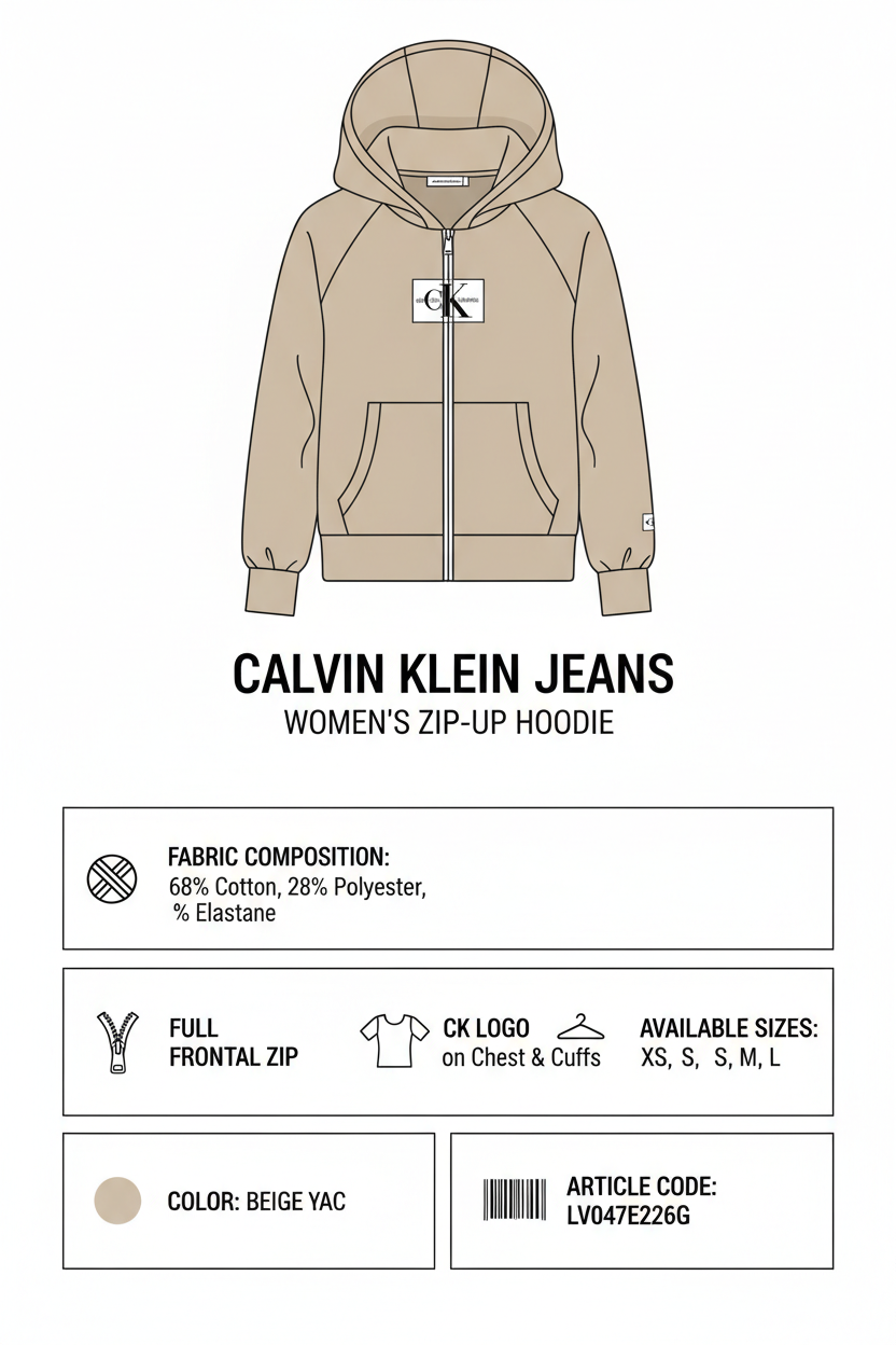 Infografica tecnica felpa donna Calvin Klein Jeans LV047E226G YAC - composizione tessuto, taglie, dettagli logo CK