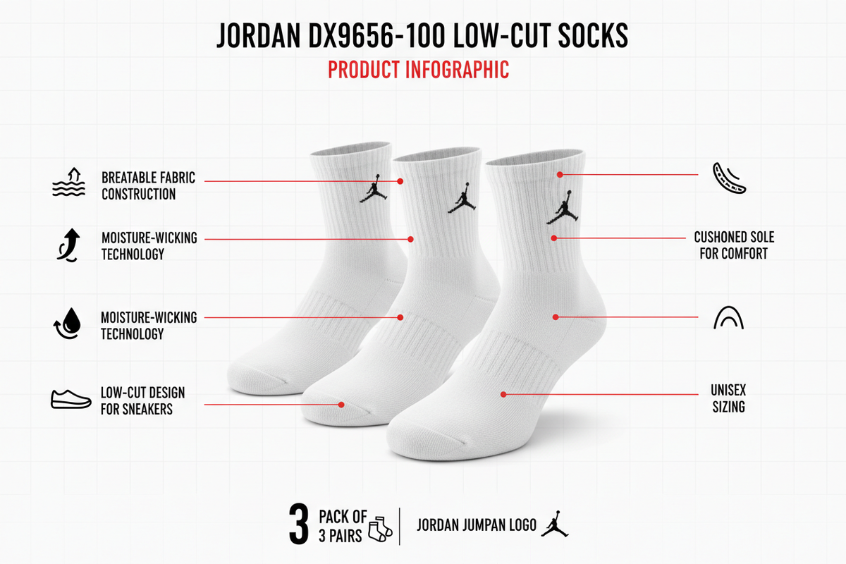 Jordan calze basse DX9656-100 caratteristiche: 3 paia bianco, low-cut design, moisture-wicking, supporto arco, logo Jumpman, grip tallone, unisex