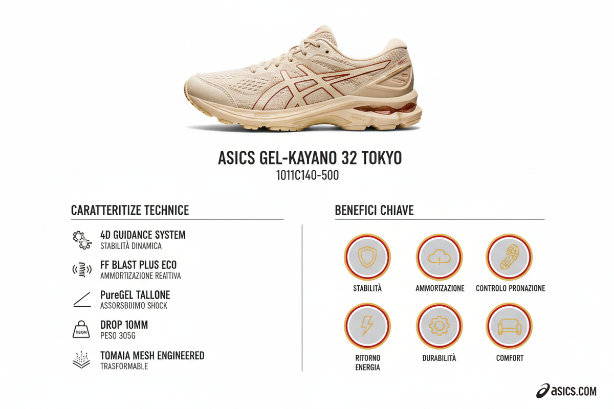 Infografica tecnica Asics GEL-Kayano 32 Tokyo 1011C140-500 scarpa running uomo crema - caratteristiche 4D Guidance FF BLAST PLUS ECO PureGEL stabilità