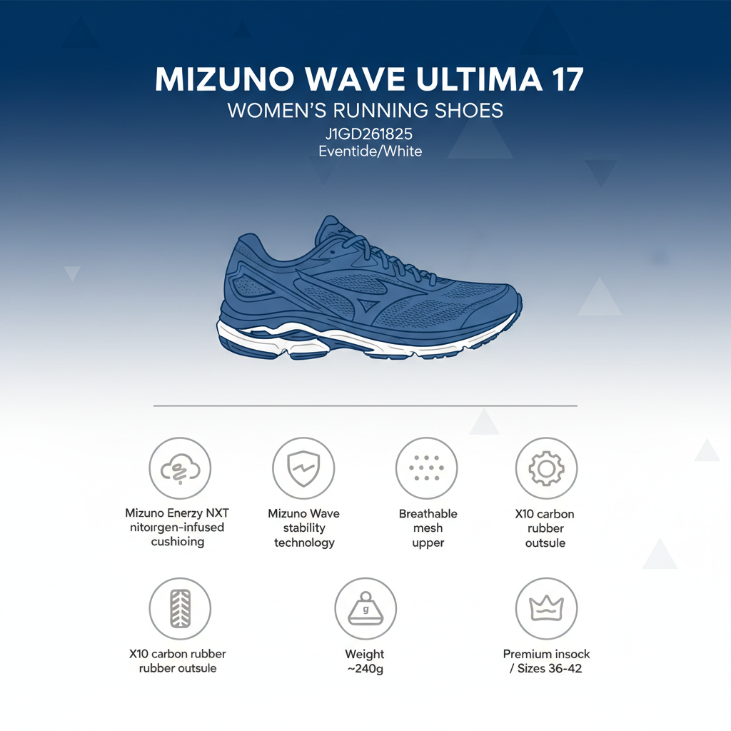 Infografica tecnica Mizuno Wave Ultima 17 J1GD261825: caratteristiche peso ammortizzazione Enerzy NXT azoto Wave stabilità