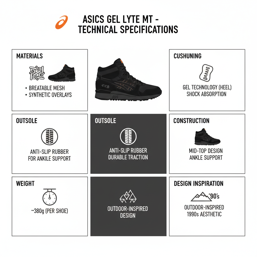 Infografica tecnica Asics Gel Lyte MT: sistema Gel ammortizzazione tallone, tomaia mesh traspirante, costruzione mid-top supporto caviglia, suola antiscivolo, peso e design outdoor-inspired